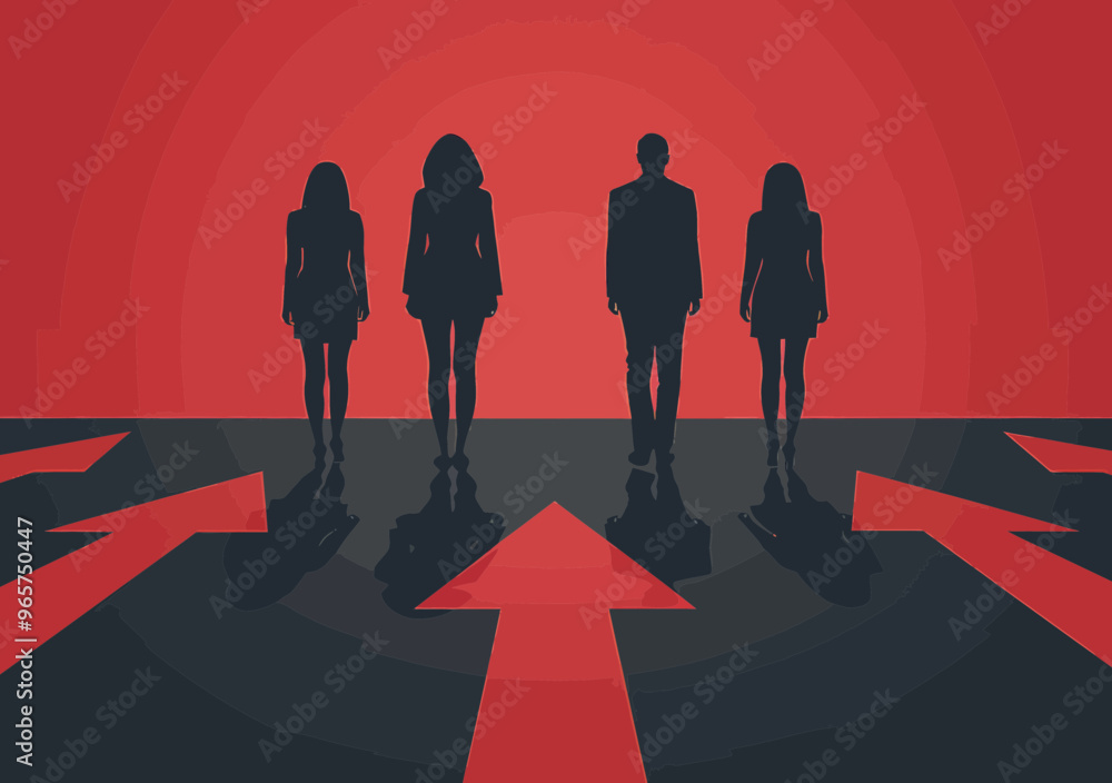 Poster business team facing multiple direction arrows concept illustrating decision making and choices in m