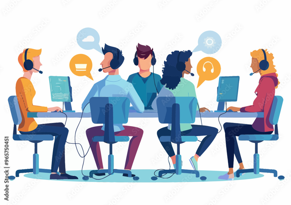 Poster customer service call center with hotline operators in headsets providing 24-hour technical support,