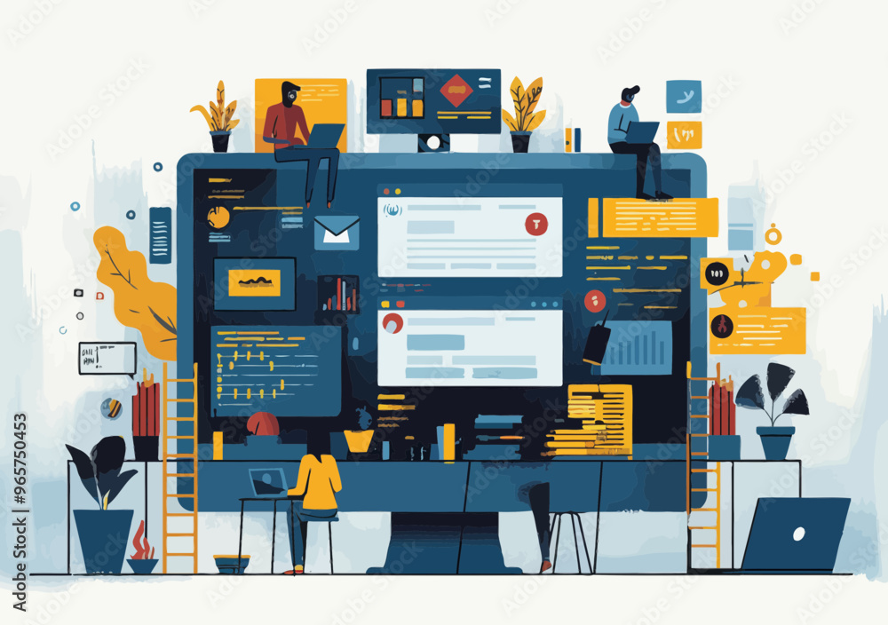 Poster collaborative web development team working on large digital interface - minimalist vector illustrati