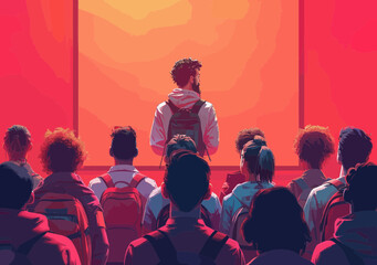 Obraz premium Business Presentation with Male Leader Speaking to Team in Modern Minimalistic Setting During Evening, Education Meeting, Vector Illustration
