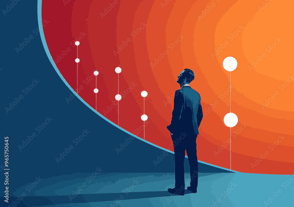 Poster doubtful businessman evaluating options for best solution in minimalistic vector illustration