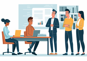 Fototapeta premium Business Team During Educational Presentation Meeting with Male Leader in Office, Minimalistic Vector Illustration, Daytime, Professional Setting, Group Collaboration, Team Learning