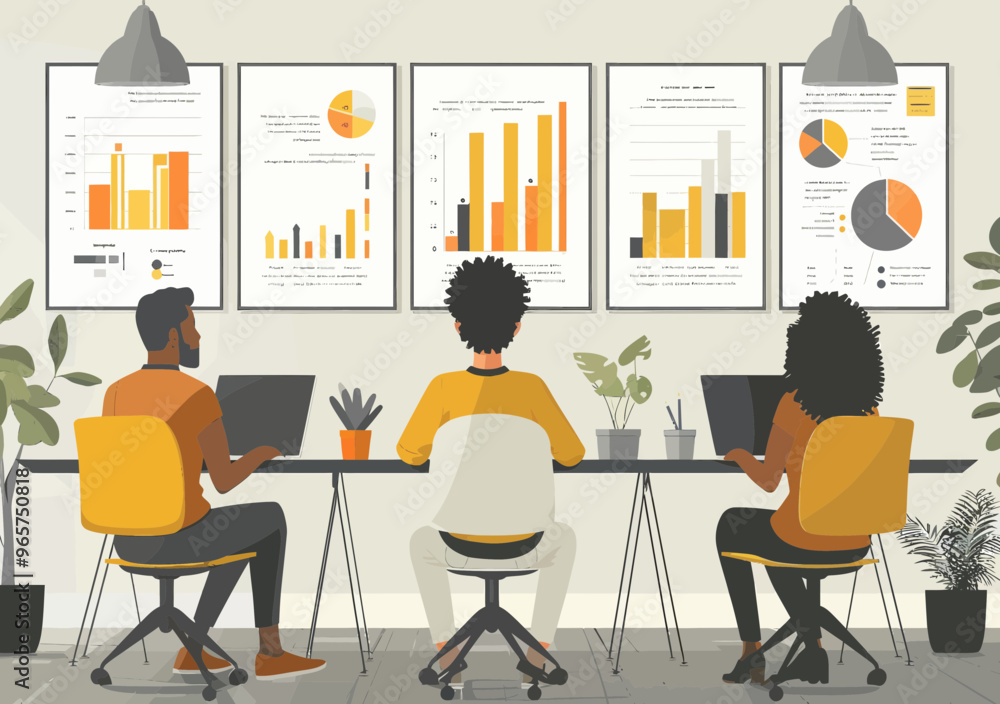 Poster diverse team discussing business strategy in a modern office with data charts and laptops, daytime c