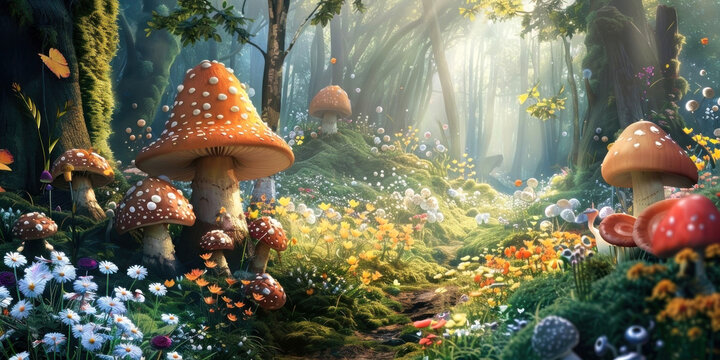 Step into a magical mushroom forest with vibrant colors and whimsical charm