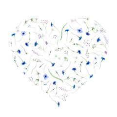 Watercolor blue cornflowers and wildflowers heart, Valentines or wedding isolated illustration