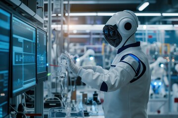 Android scientist wearing a lab coat is carefully pouring chemicals in a modern laboratory using a computer