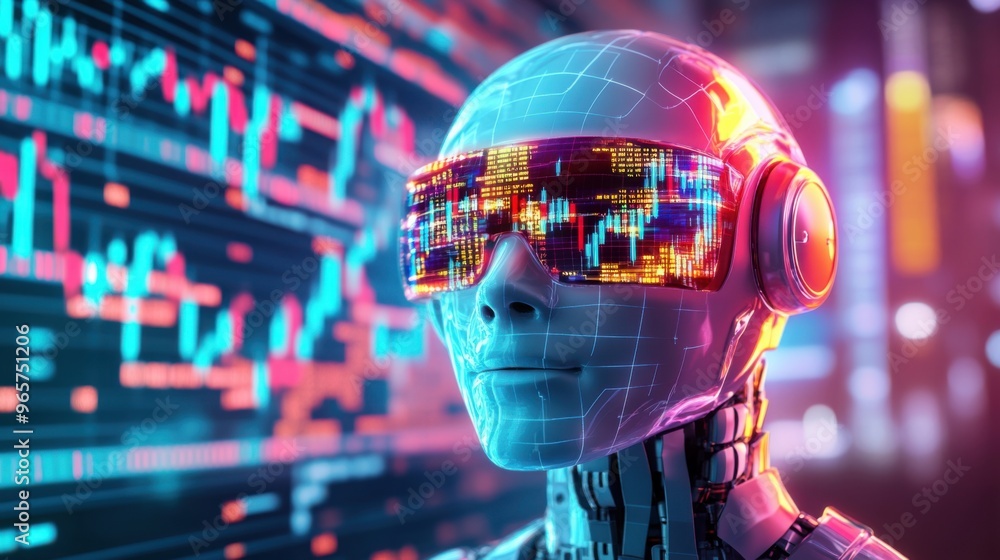 Aufkleber futuristic robot deciphering stock market trends with digital data streams in its eyes