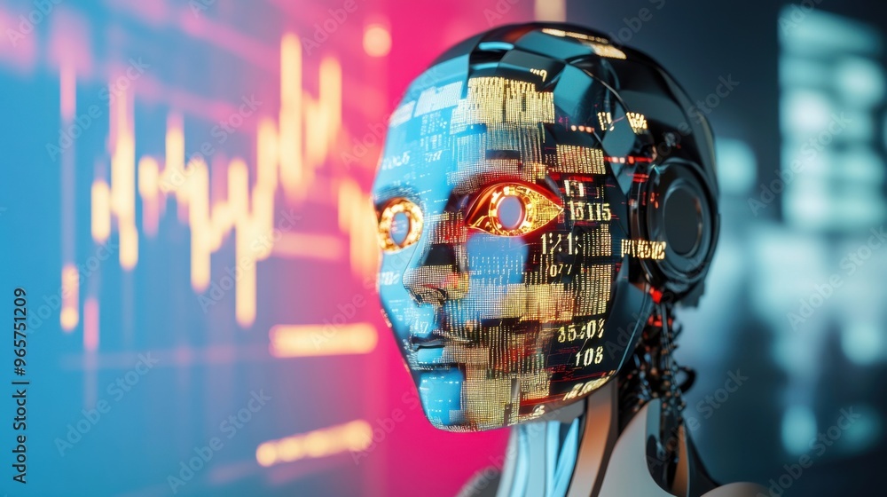 Poster digital decision-maker: abstract robot face with stock market charts reflected in its eyes amidst fi