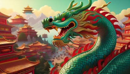 Obraz premium A Chinese dragon flies over an ancient Chinese city. The dragon is green and the city is red and gold. The dragon has a long body and a serpentine neck