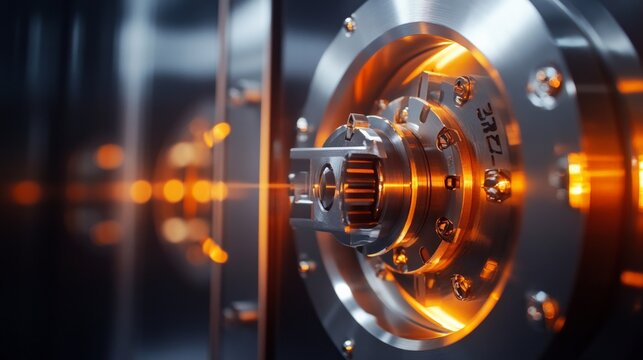 Money being secured in a high-tech vault, detailed close-up of the electronic lock engaging