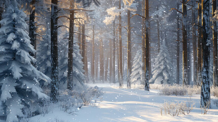 Winter Forest: A serene winter forest scene with tall pine trees covered in snow, soft light filtering through the branches, and a hint of twinkling stars.