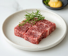 Fototapeta premium wagyu meat on a white plate, white background