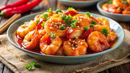 Shrimp coated in a sweet and sour sauce.