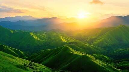 Bright sunrise over rolling hills, representing hope and new opportunities