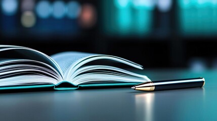 Open book with pen on a table, ready for writing and learning.