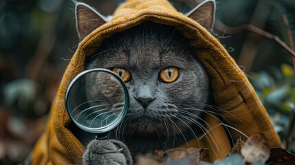 Curious Feline Detective with Magnifying Glass on the Case