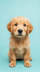 Golden retriever puppy on blue background, adorable pet portrait. Animal photography and cuteness concept