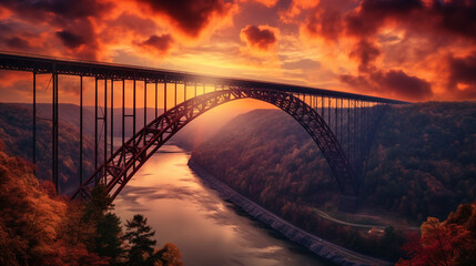 Obraz premium bridge over a river with colorful autumn leaves and a dramatic sunset