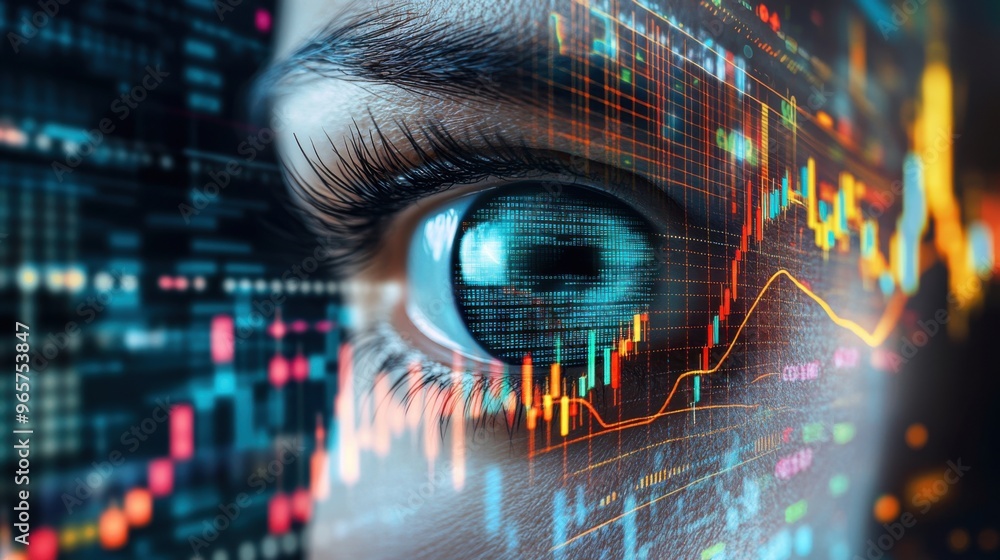 Poster futuristic robotic eyes analyzing multiple moving stock graphs for real-time financial trends
