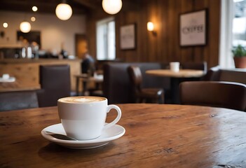 White Coffee Cup on Rustic Wooden Table in Modern Café