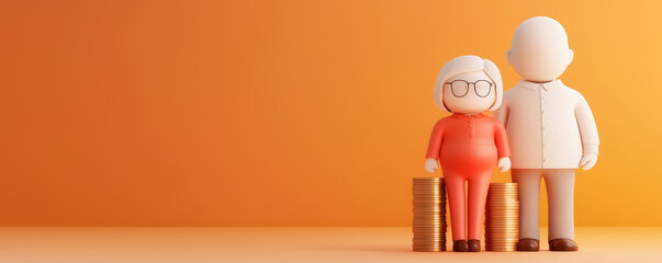 Two adorable figurines represent financial savings, retirement planning, and companionship against a warm, orange background.