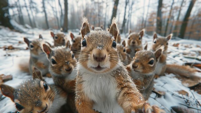 Selfie Squad: A Group of Playful Squirrels Captured in a Candid Moment