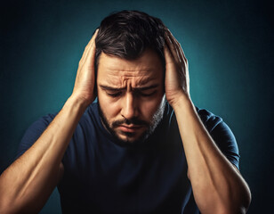 Man with a headache. Hands on side of head. Pained expression. Stress and mental health concepts.
