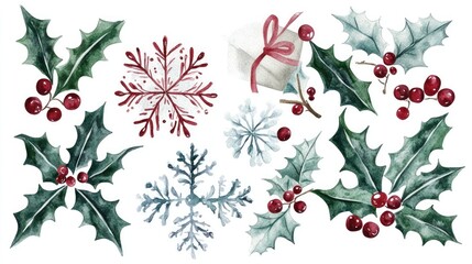 Snowflakes and holly leaves, Christmas theme, watercolor style, isolated on white background