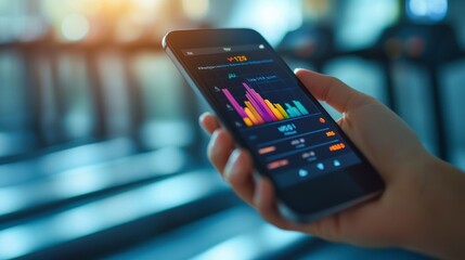 Athlete analyzing performance data on smartphone app in gym