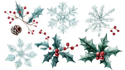 Snowflakes and holly leaves, Christmas theme, watercolor style, isolated on white background