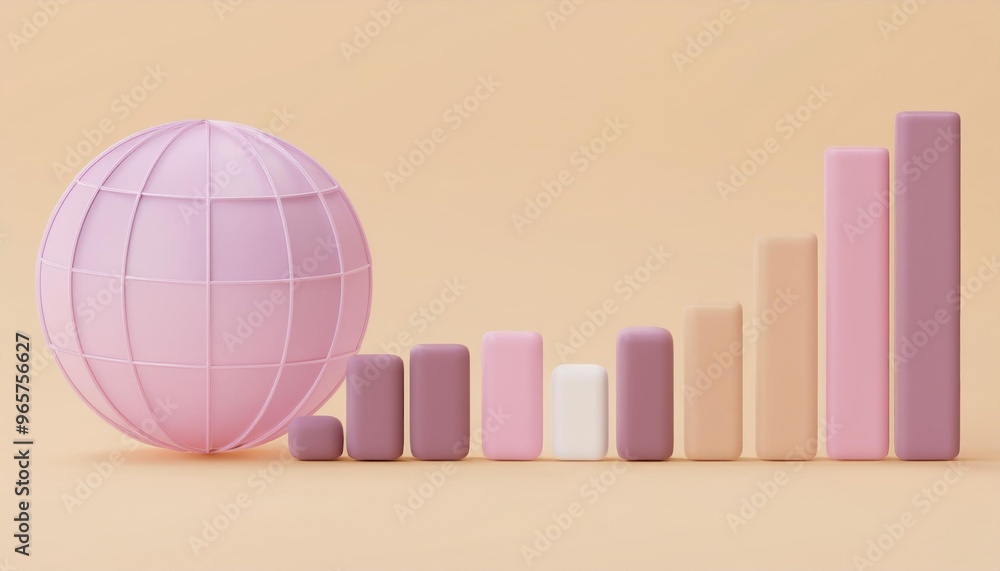 Poster 3d bar chart and globe in pastel colors, representing growth and global business. ideal for data vis