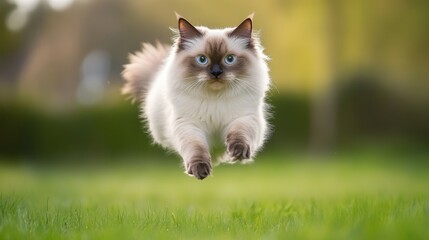 A fluffy cat leaps gracefully across a vibrant green lawn in soft natural light.