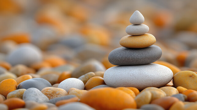 Smooth, colorful pebbles are stacked carefully in a balanced formation on a beach, surrounded by more stones. The arrangement conveys a sense of calm and harmony with nature.