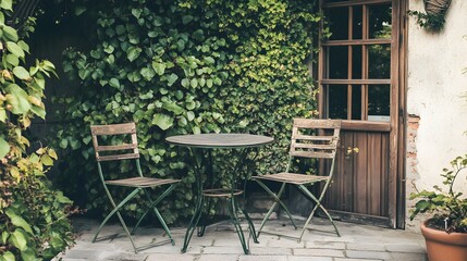 Obraz premium Vintage-Inspired Terrace with Quaint Bistro Setting and Lush Greenery