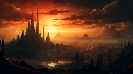Naklejka premium city at sunset over a body of water