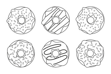 Set of contour donuts with different types of glaze and decor, linear style.