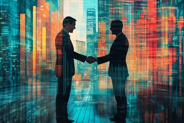 Business people shaking hands with digital data concept