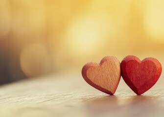 Fototapeta premium Red Wooden Hearts on Wooden Surface for Valentines Day