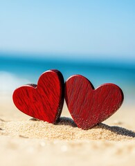 Fototapeta premium Red Wooden Hearts in Sand for Valentines Day