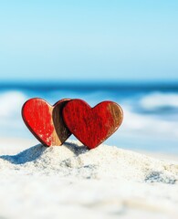 Fototapeta premium Red Wooden Hearts in Sand for Valentines Day