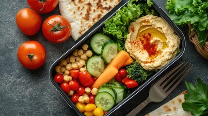 Vegan lunch box with raw vegetables, hummus, and pita bread, promoting plant-based diets, healthy food, lunch box