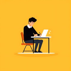 Minimalist Illustration of Man Working at Desk with Laptop - Bright Yellow Background
