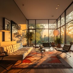 Modern Living Room with Large Windows and Sunset View - Cozy Interior Design