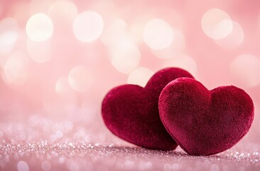 Obraz premium Romantic Velvet Hearts on Pink Sparkle Background for Valentines Day