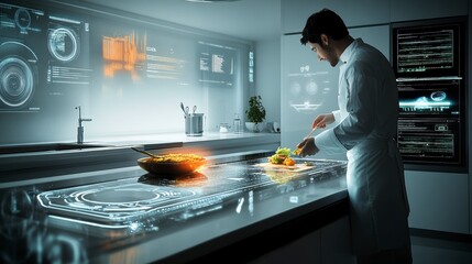 Chef using futuristic technology in a modern kitchen