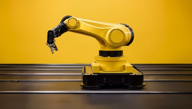 A yellow robotic arm on a black track against a yellow background.