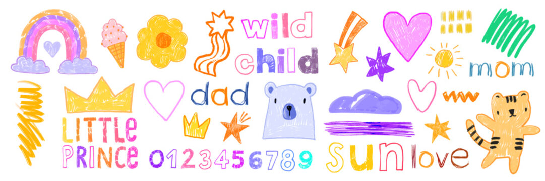 Abstract kids doodle set, vector hand drawn childish naive nursery poster, colorful pencil scribble. Baby cartoon naive illustration, brushstroke rainbow, star, numbers. Kids doodle decorative sticker