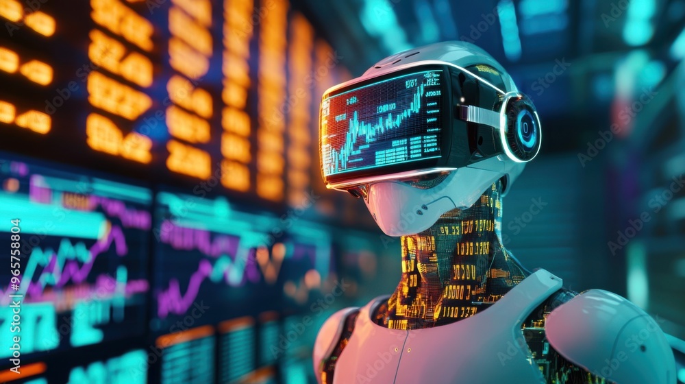 Aufkleber digital finance future - robot with augmented reality glasses analyzing financial data in virtual tr
