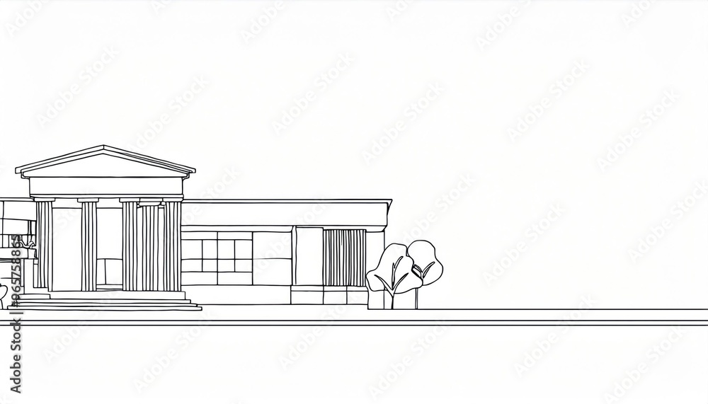 Poster architectural blueprint of a classical and modern building exterior with trees in a linear black and