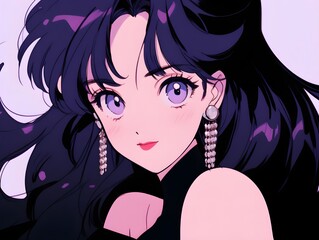 Elegant Retro Anime Girl in Black Dress